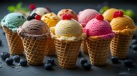 Colorful ice cream scoops in waffle cones garnished with fresh berries and fruits on dark background, arranged in row. Sweet frozen dessert variety.