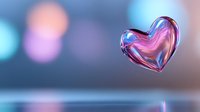 Floating transparent glass heart with pink and blue reflections against blurred bokeh background, romantic mood for Valentine's Day and love concepts.