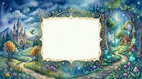 Enchanted fairy tale landscape frame with magical castle, mystical forest, crescent moon and stars. Fantasy border template for invitations, cards and storytelling.