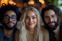 Three diverse young professionals smiling together in cozy cafe setting with warm bokeh lights creating friendly atmosphere for teamwork and collaboration.