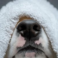 Close up of wet dog nose wrapped in white towel after bath, showing detailed texture of black nose and whiskers against soft white background.