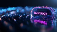 Glowing technology word in neon purple and blue lights with bokeh effect background creating futuristic atmosphere for digital transformation concepts.