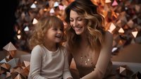 Joyful moment between Caucasian mother and daughter sharing laughter against glowing geometric bokeh background in warm copper tones, creating intimate family atmosphere.
