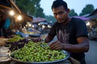 Young Asian male vendor arranging fresh green olives at evening street market stall with warm lighting and blurred background of busy marketplace.