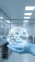 Scientist in blue gloves holding glowing digital sphere with network connections in modern laboratory for medical research and innovation technology.