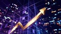 Golden arrow pointing upward through digital grid network with glowing data points and bokeh lights representing business growth and financial success.