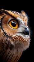 Close-up portrait of owl with striking orange eyes and detailed feathers against black background for wildlife photography and nature designs.