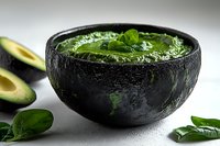 Fresh green avocado smoothie with spinach leaves in black stone bowl, healthy vegan breakfast drink garnished with basil on light background.