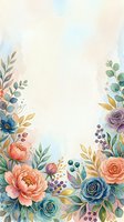 Watercolor floral border frame with peonies, roses, and leaves in pastel pink, blue, and gold tones, with copy space for text or design.