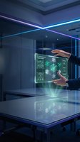 Business professional interacting with holographic IT governance framework display in modern office with neon lighting and futuristic technology interface.