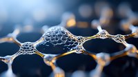 Macro view of graphene atomic structure with golden light effect showing hexagonal pattern and molecular bonds on dark background for scientific research.