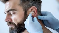 Medical professional in blue gloves performing ear examination on bearded Caucasian male patient during healthcare checkup procedure in clinical setting.