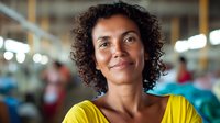 Woman with curly dark hair and medium brown skin tone wearing bright yellow shirt, smiling confidently in busy warehouse or industrial facility setting with blurred background.