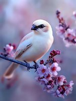 White finch perched on blooming cherry branch with delicate pink blossoms against soft purple background, creating serene spring nature scene.