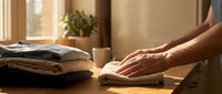 Man's hands smoothing wrinkled clothes on wooden table in warm sunlit room with folded laundry stack. Domestic chores and household organization concept.