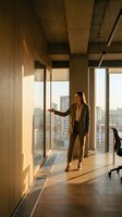 Professional businesswoman in suit standing by floor-to-ceiling windows in modern office space with city skyline view during golden hour sunset lighting.