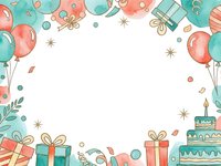 Festive birthday party frame with coral and mint balloons, gift boxes, cake and confetti on white background for celebration designs.