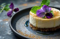 Creamy vanilla cheesecake with edible purple pansy flowers and mint leaves on dark plate, drizzled with caramel sauce and cookie crumb base. Elegant dessert styling.