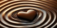 Heart shape formed in swirling liquid chocolate with concentric ripples creating dynamic movement and depth against dark background. Romantic dessert concept.
