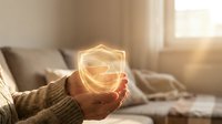 Hands holding glowing geometric orb with warm light in cozy living room setting, suitable for wellness, technology, innovation, and lifestyle design projects.