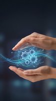 Hands protecting digital gears and technology elements with glowing blue light effects representing innovation, automation and business solutions.