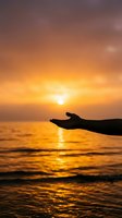 Human hand silhouette reaching toward golden sunset over ocean waves. Spiritual meditation concept for wellness and mindfulness content.