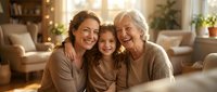 Three generations of women embracing and laughing together in cozy living room with warm lighting creating heartwarming family bonding moment during holiday season.