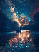Magical nighttime scene with two silhouetted figures in a boat beneath a vibrant Milky Way galaxy, perfect for fantasy book covers or dreamy social media content. Water reflects the cosmic display.