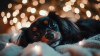 Adorable Cavalier King Charles Spaniel puppy lying on blanket with magical bokeh lights in background creating cozy holiday atmosphere.