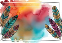 Colorful feathers frame vibrant watercolor wash in warm and cool tones, creating artistic background for design projects, posters, and creative compositions.