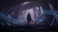Silhouetted figure standing in futuristic tunnel with glowing blue energy waves and industrial metal structures, depicting sci-fi exploration and technological advancement for digital media.