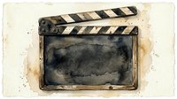 Vintage film clapperboard with weathered black and white stripes on aged cream background, symbolizing cinema production and movie making history.