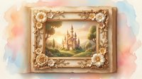 Ornate golden frame with floral decorations displaying fantasy castle painting on pastel watercolor background for home decor and artistic projects.