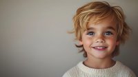 Smiling young child with tousled blonde hair and bright blue eyes wearing a light-colored sweater against neutral background.