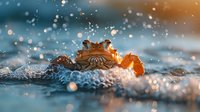 Orange crab in shallow water with splashing droplets and bokeh effects at sunset, dramatic macro photography capturing motion and natural light reflections.