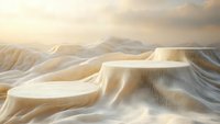 Ethereal abstract landscape with flowing cream-colored sand dunes under soft golden light and misty atmosphere creates dreamy minimalist natural background.