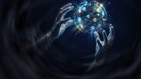 Hands reaching toward glowing digital globe with network connections representing global technology, artificial intelligence, and futuristic data visualization.