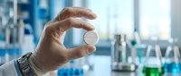 Scientist in laboratory holding petri dish with sample, wearing protective glove, conducting research with blurred lab equipment and bottles in background for medical and scientific studies.