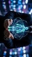 Businessman holding glowing digital atom with orbital electrons in palm against blurred tech background, representing innovation, science, and future technology for corporate and educational use.