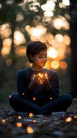 Young person in dark sweater sitting cross-legged outdoors at sunset, holding glowing light in cupped hands with magical bokeh effect and warm golden backlighting.