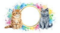 Orange tabby kitten and gray British Shorthair cat sitting beside circular frame with colorful watercolor paint splashes on white background for pet design.