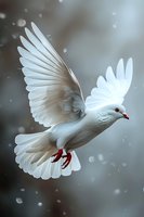 White dove with outstretched wings flying through falling snow, symbolizing peace, hope and freedom in winter atmosphere.