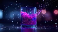 Glowing neon pink liquid splashing in glass against dark background with bokeh lights and water drops creating magical atmosphere for beverage advertising.