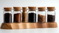 Six glass jars with cork lids containing different coffee varieties arranged on wooden stand against white background for kitchen organization.