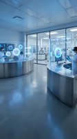 Futuristic laboratory interior with holographic displays and digital interfaces floating above curved metal counters, showcasing advanced technology and innovation in a modern research facility setting.