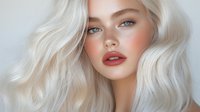 Young woman with platinum blonde wavy hair, bright blue eyes and coral lips poses against light background. Soft beauty portrait with natural glowing makeup and flawless skin.