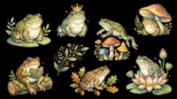 Frog and toad characters with crowns, mushrooms, and water lily elements isolated on transparent background. Ready for t-shirt designs, stickers, clipart, sublimation, and print-on-demand products.