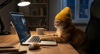 Orange tabby cat wearing yellow knit beanie working on laptop computer at wooden desk with coffee mug in cozy home office setting during evening hours.