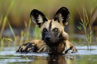 African wild dog with distinctive large ears partially submerged in water, surrounded by tall grass in natural habitat.