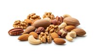 Mixed nuts collection with almonds walnuts pecans cashews on white background isolated for healthy snacking cooking baking recipes nutrition concepts.